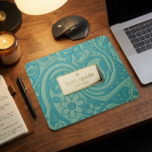 Kate Spade New York mousepad with a gold logo on a blue patterned surface.