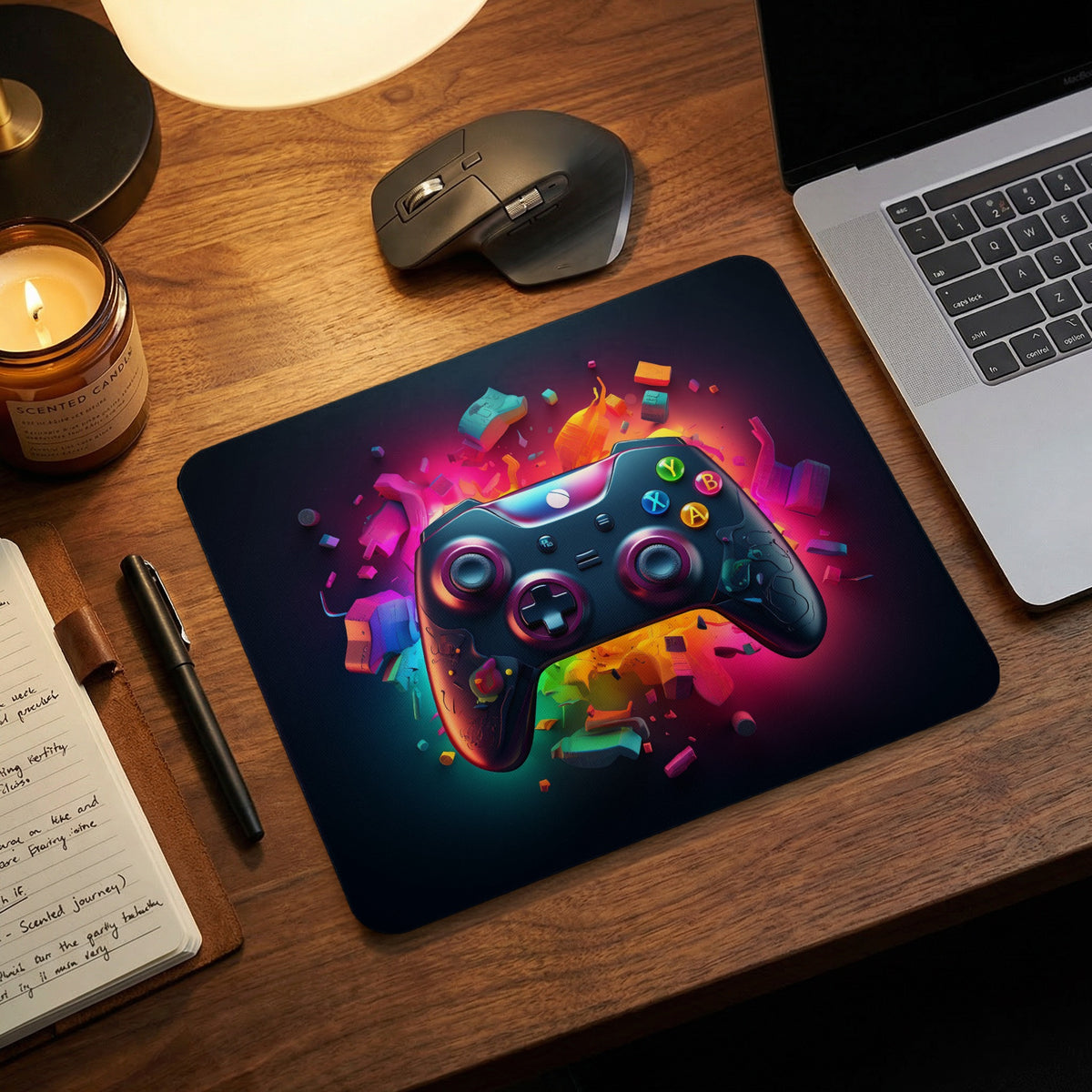 A black desk mat with a neon gaming controller graphic sits on a wooden desk next to a laptop, mouse, and notebook.