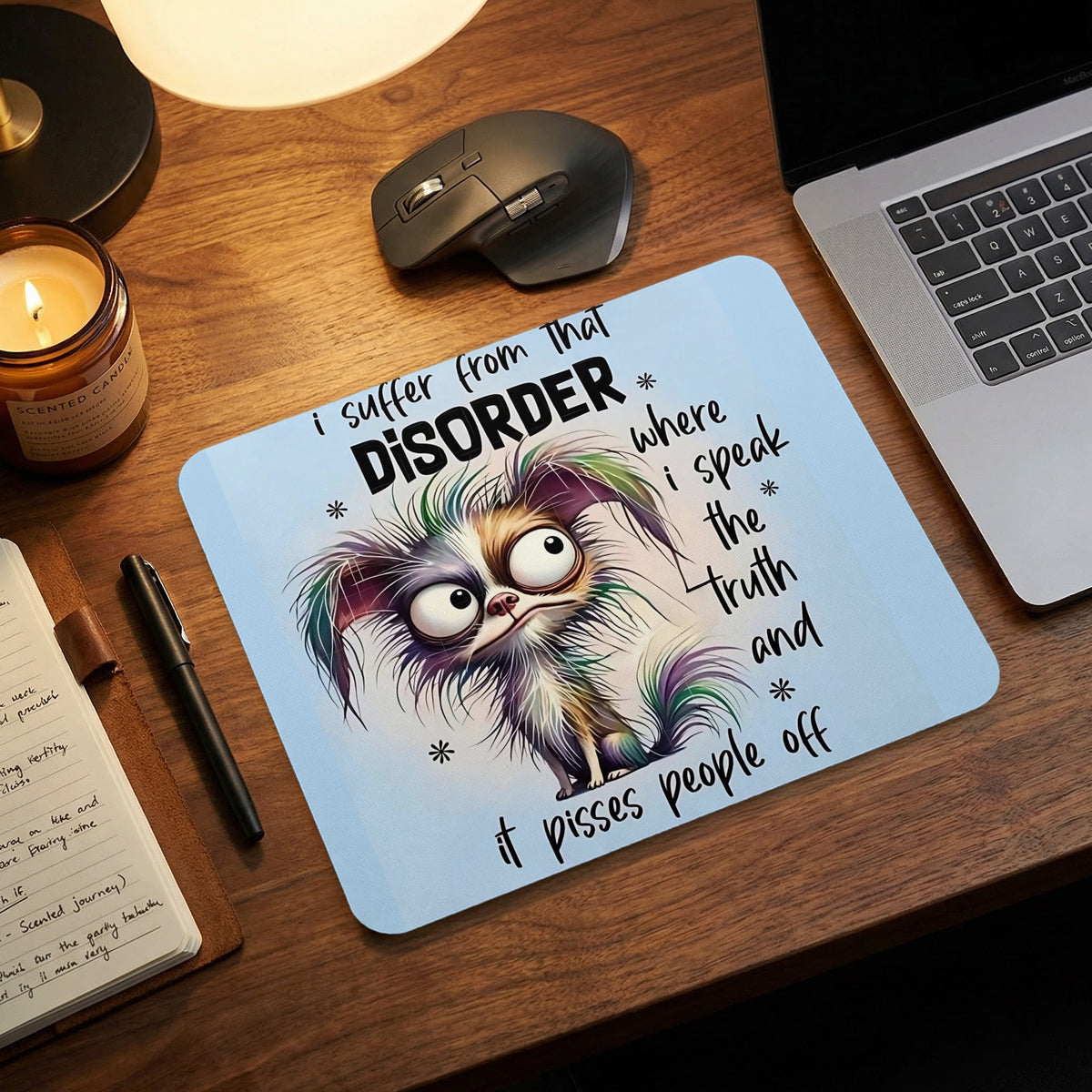 Light blue mouse pad with a funny, disheveled creature and the humorous quote, I suffer from that disorder where I speak the truth and it pisses people off.