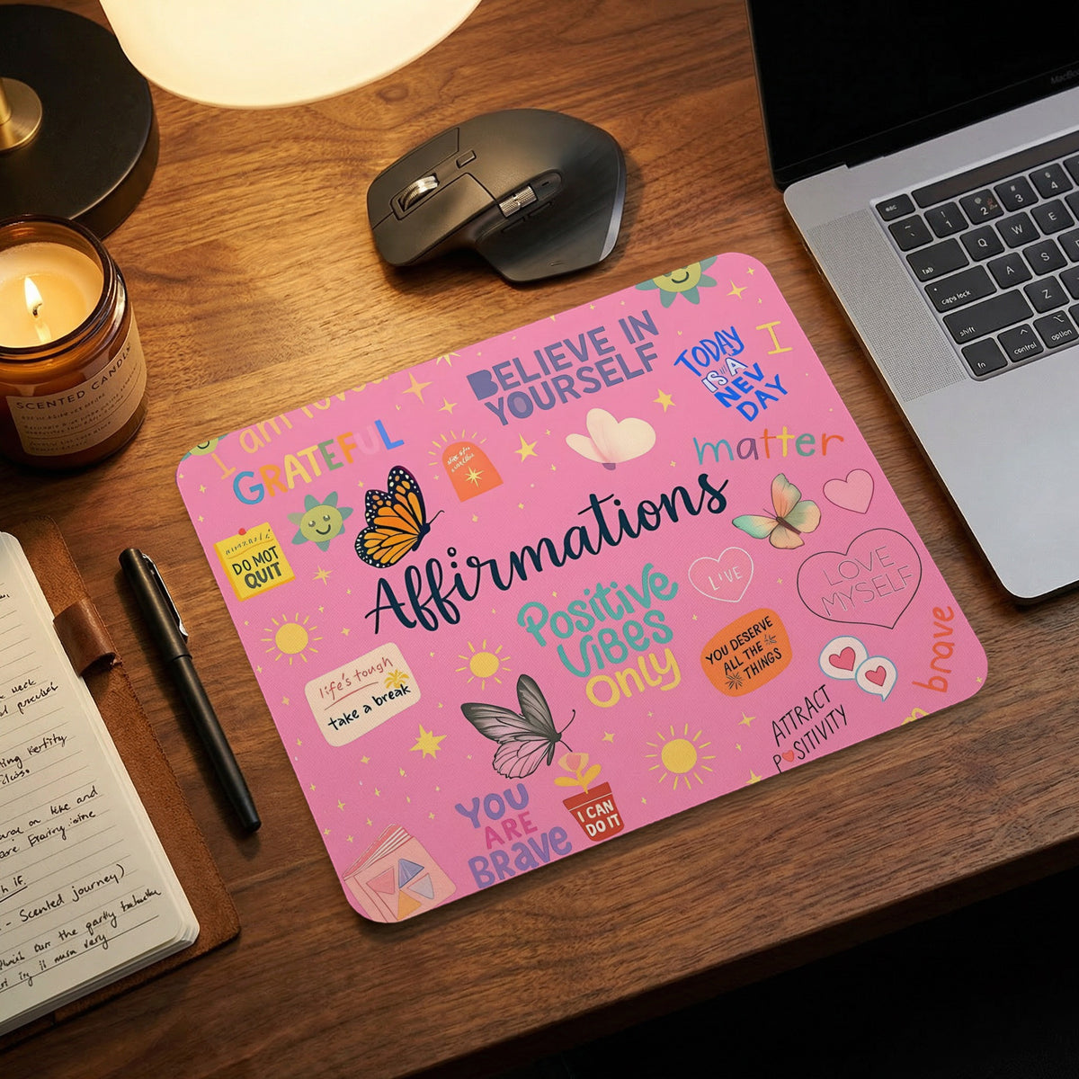 Pink mousepad with "Affirmations" text surrounded by positive phrases and butterflies.