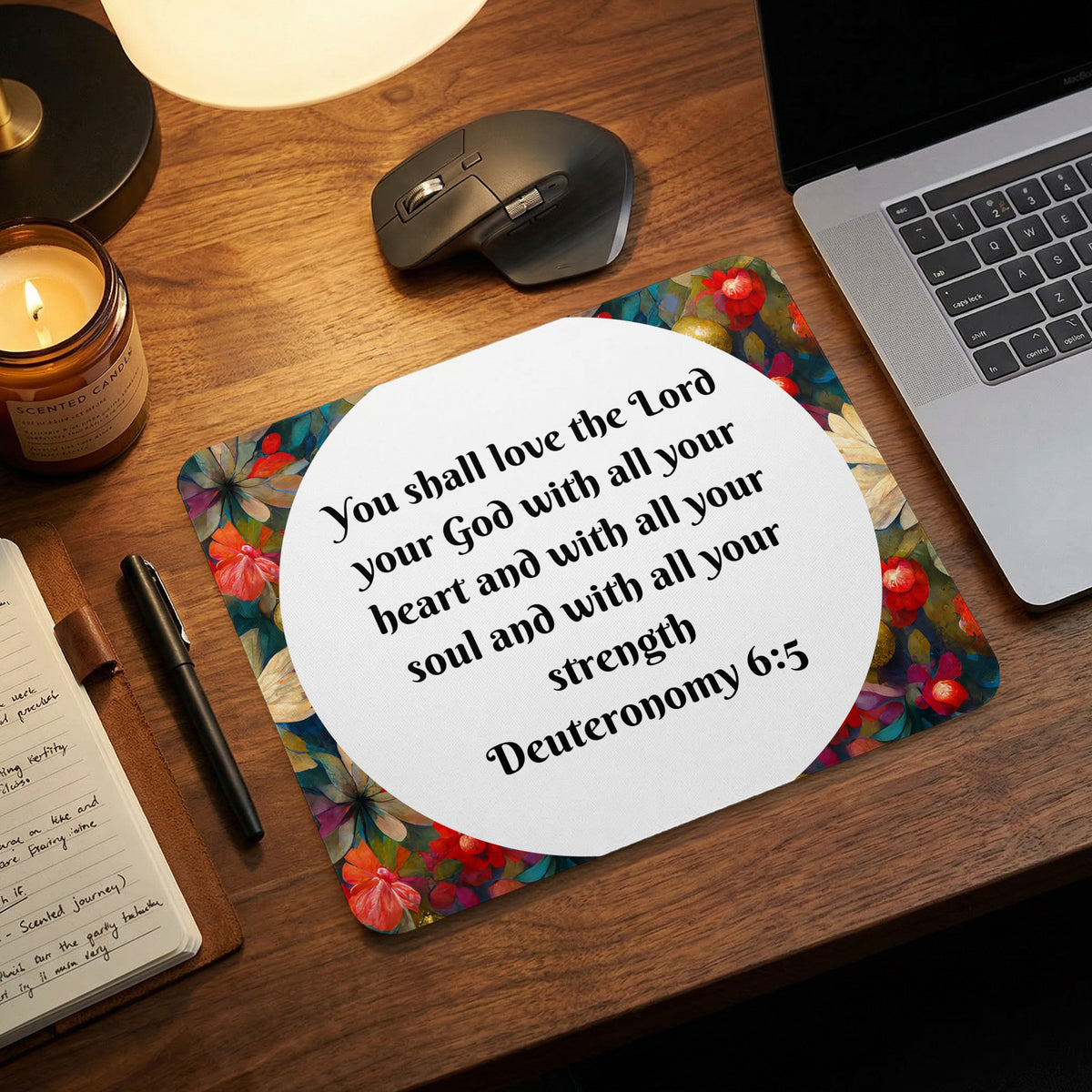 Rectangular mousepad featuring the Bible verse Deuteronomy 6:5 on a wooden desk with a laptop and candle.