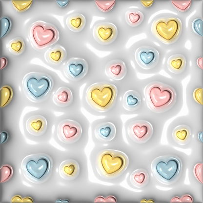 3D Inflated Tumbler with pink, yellow and blue hearts on a white background