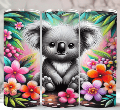 Baby koala with brightly colored flowers tumbler