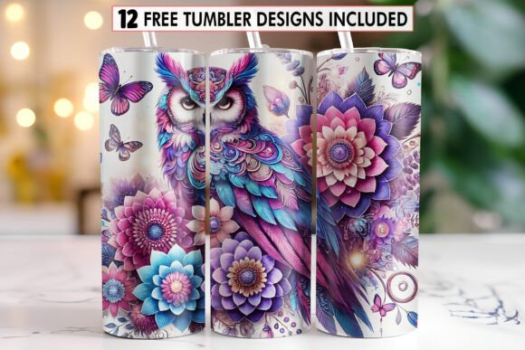 Blue, pink, and purple owl on a tumbler