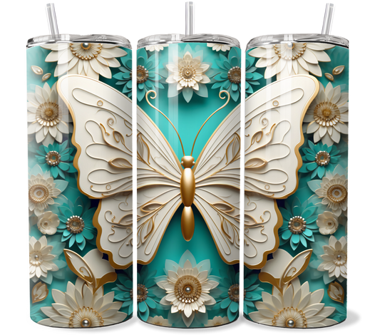 Elegant butterfly with daisies off white and teal colors