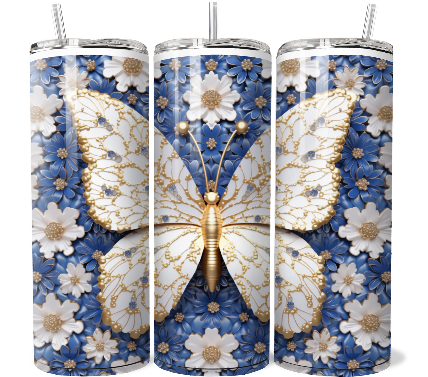 Blue background with white daisies and butterfly