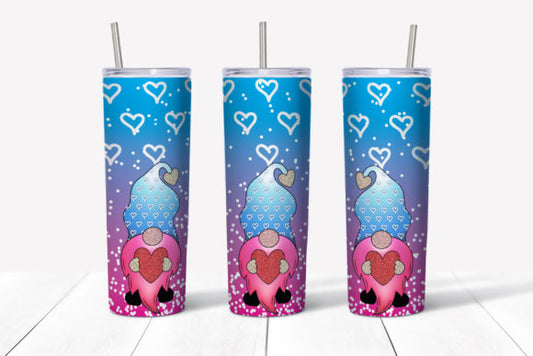 Blue and Pink Gnomes with sparkly heart tumbler