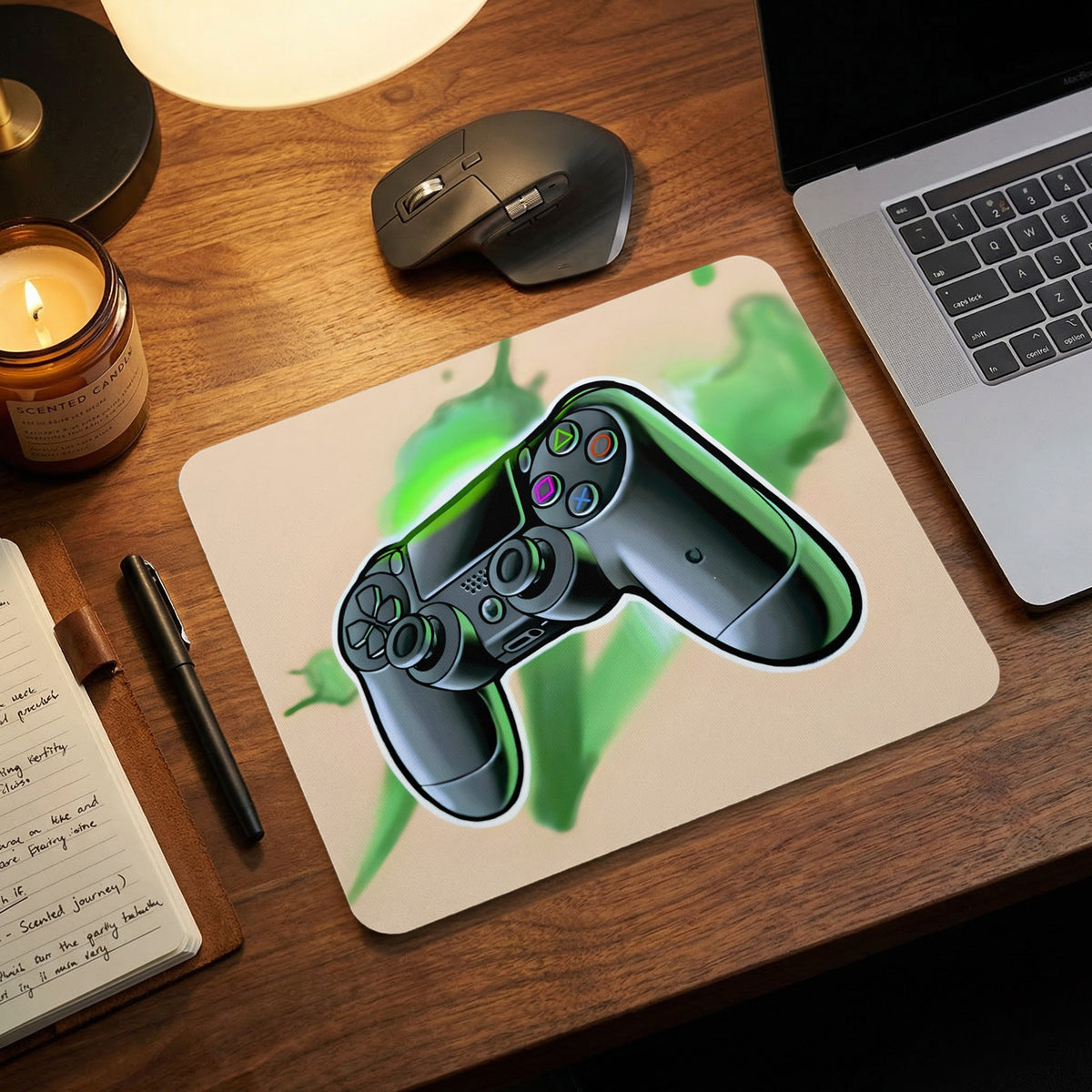 Rectangular mousepad featuring a black gaming controller with green splatter art on a wooden desk.