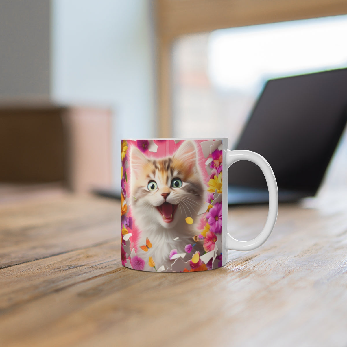 Cute Excited Kitten Surrounded By Flowers Coffee Mug