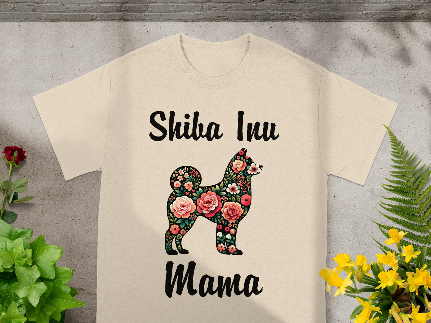 Shiba Inu dog silhouette filled with flowers, with text "Shiba Inu Mama".