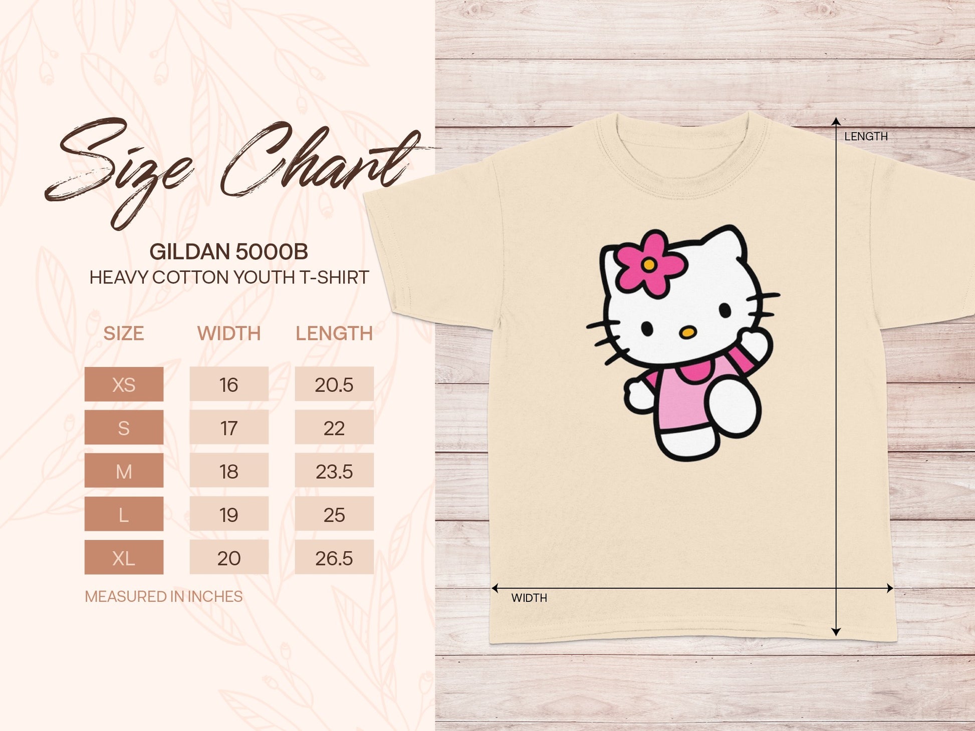 Cute Pink Bow Cat Design Youth T-Shirt Size Chart product type