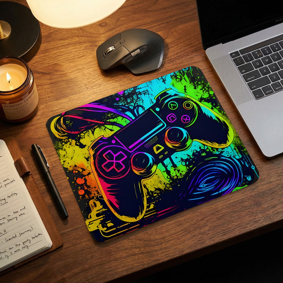 A colorful, abstract gaming mouse pad featuring a controller graphic rests on a wooden desk next to a laptop, mouse, notebook, and lit candle.