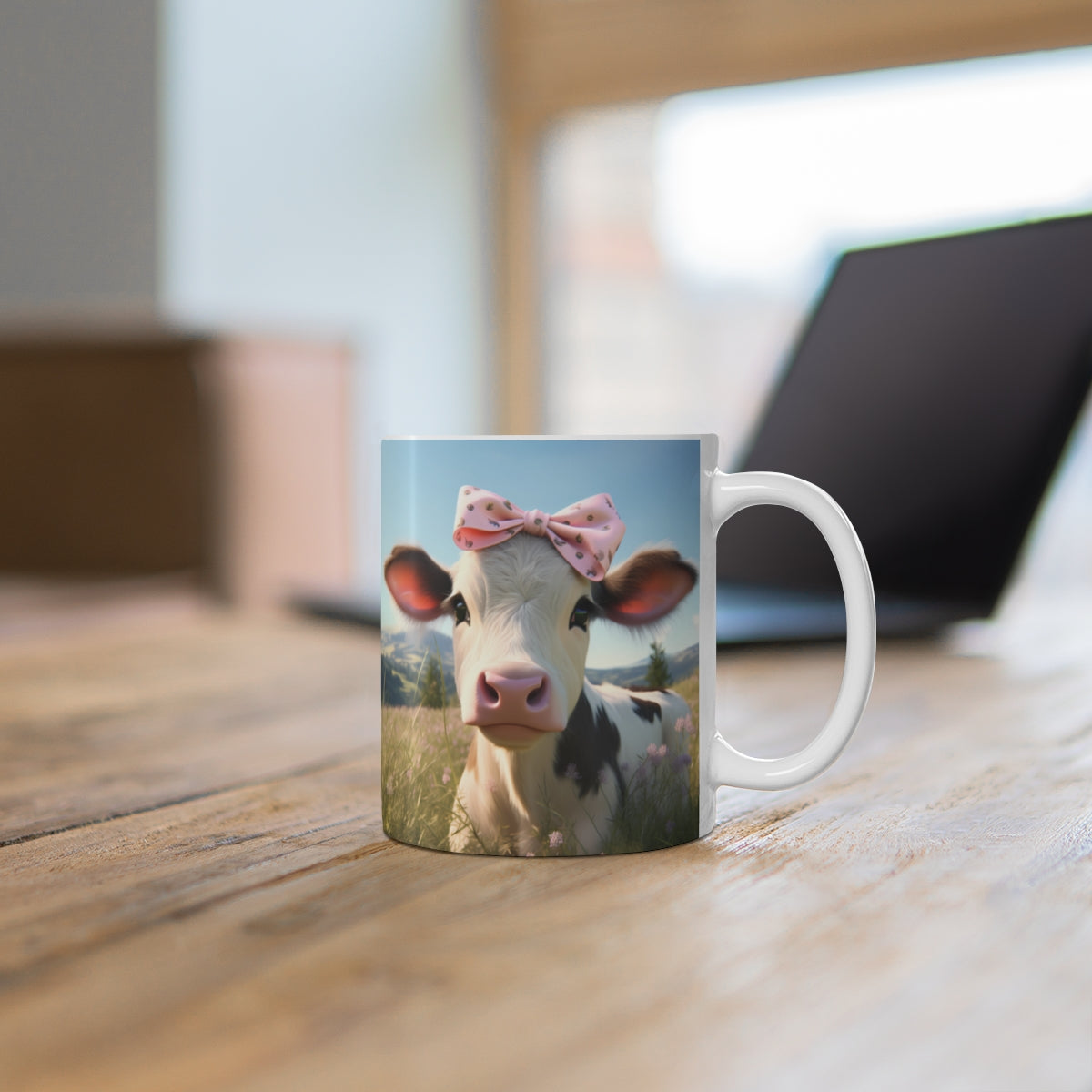 Cute Cow with Pink Bow on a Scenic Background Mug