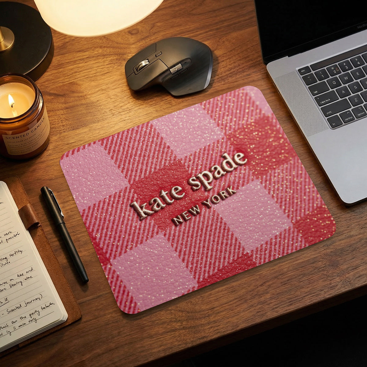 Kate Spade New York plaid glitter mousepad on wooden desk with laptop.