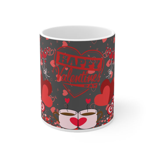 Happy Valentines Day Mug with Heart and Coffee Design