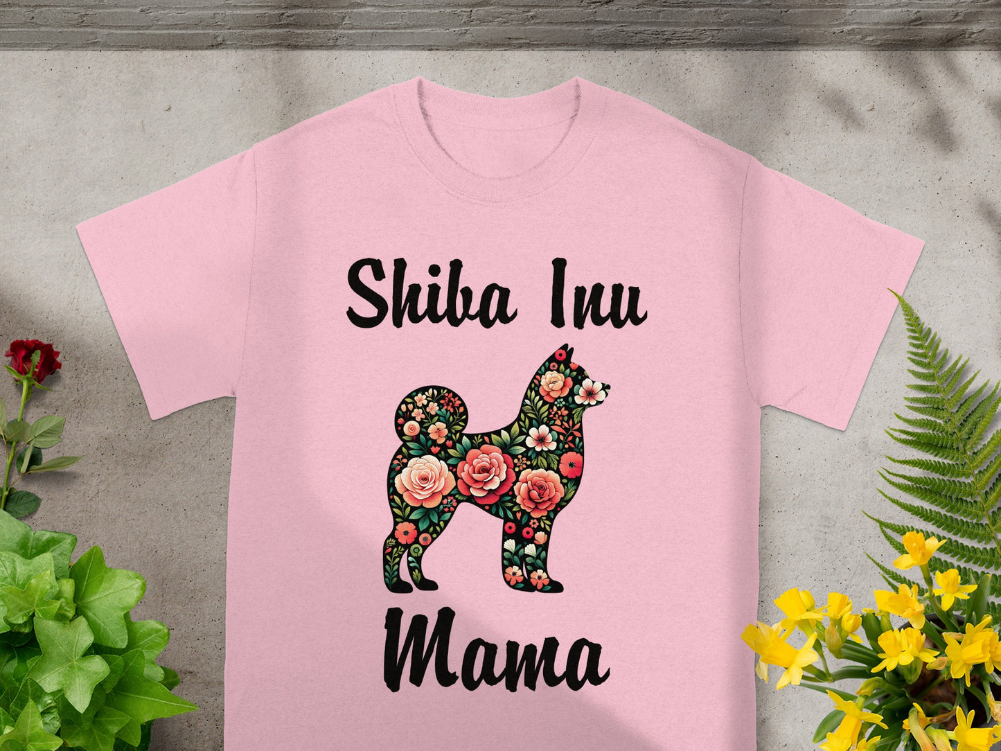 Pink t-shirt with floral Shiba Inu silhouette and "Shiba Inu Mama" text.