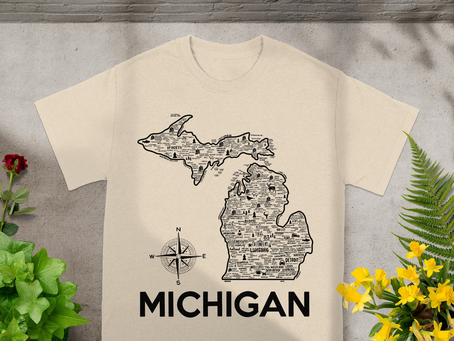 Michigan Map Design with Cities Compass T-shirt