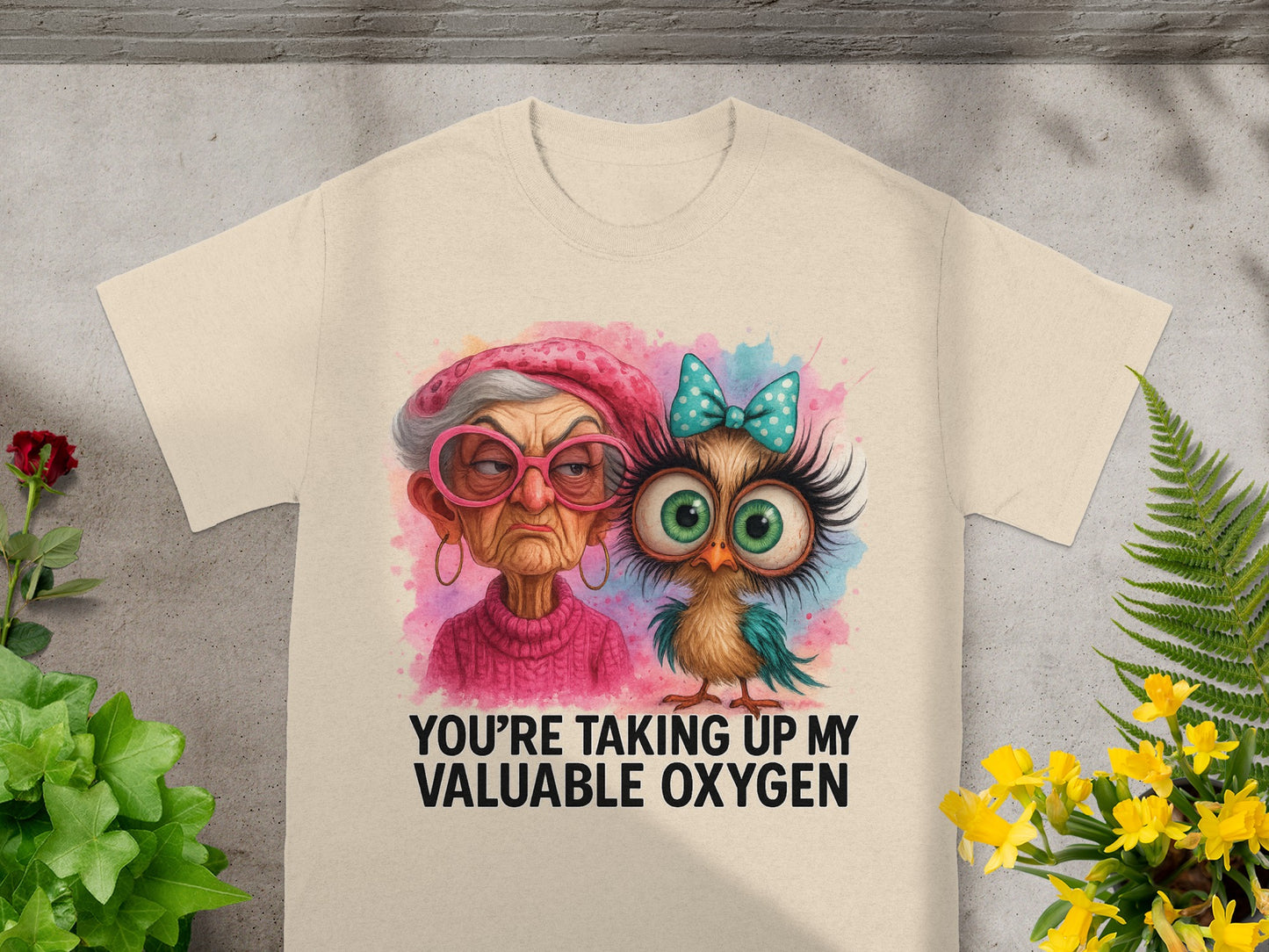 T-shirt with a cartoon owl and grandmother with text "You're taking up my valuable oxygen".
