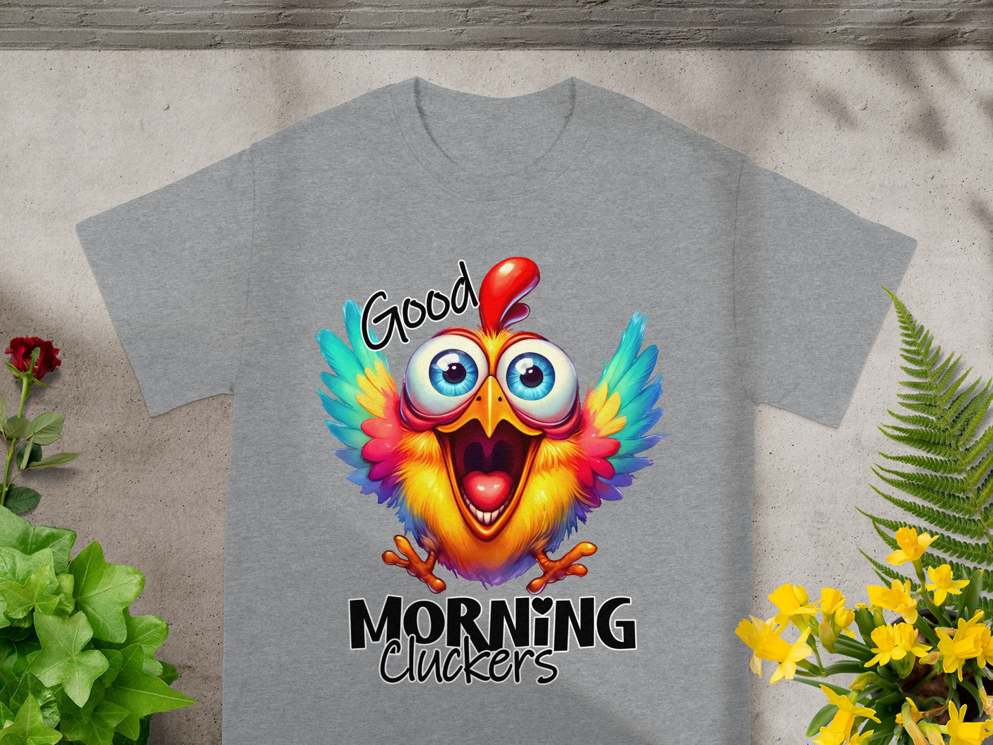 Good Morning Cluckers Colorful Rooster T-Shirt