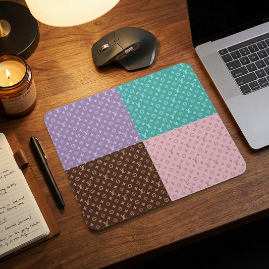 Mousepad with four pastel quadrants, each featuring a repeating monogram pattern.