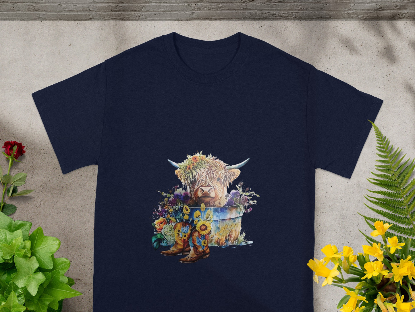 Whimsical Highland Cow with Floral Decorations T-shirt