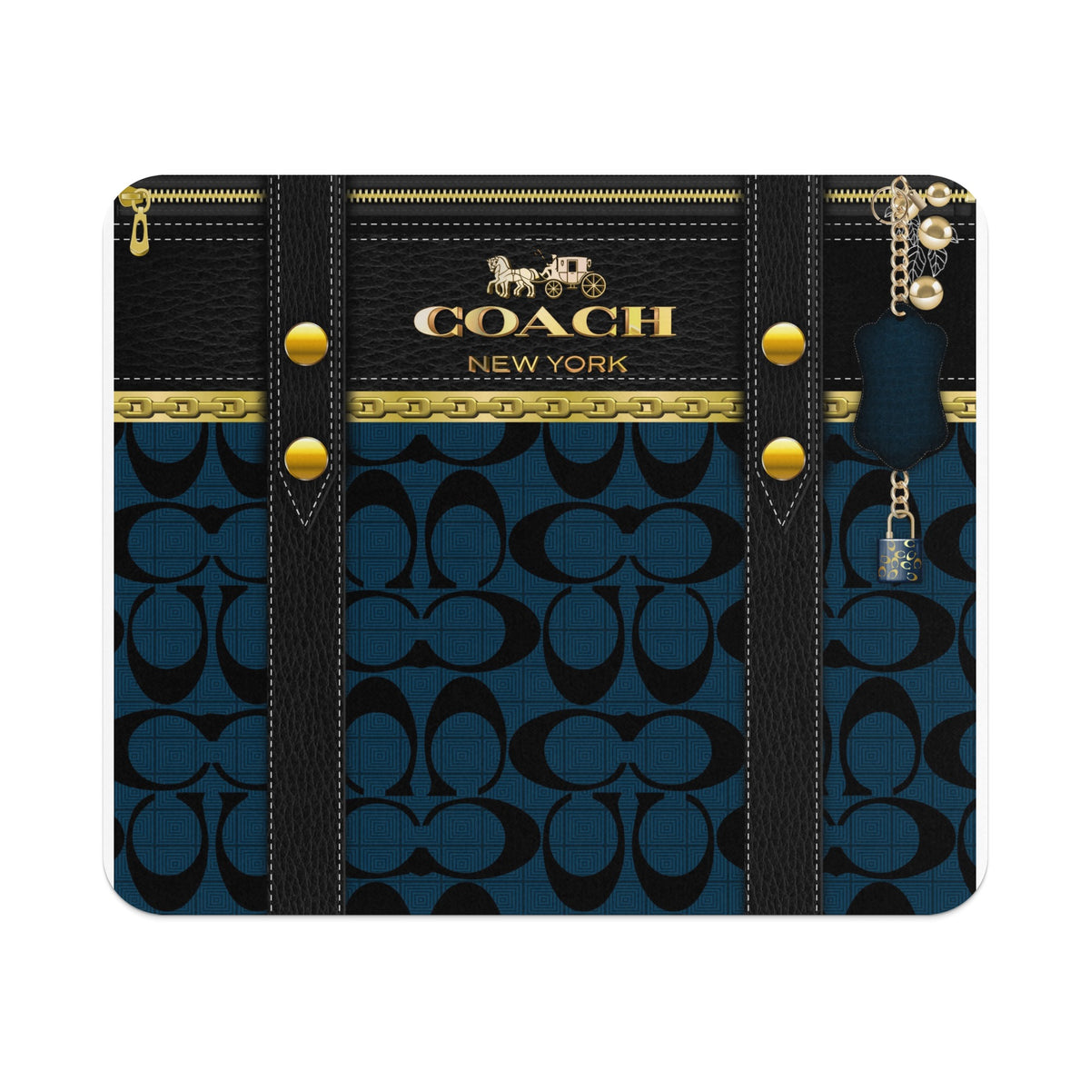Coach New York logo on black and blue monogram with gold hardware and keychain.