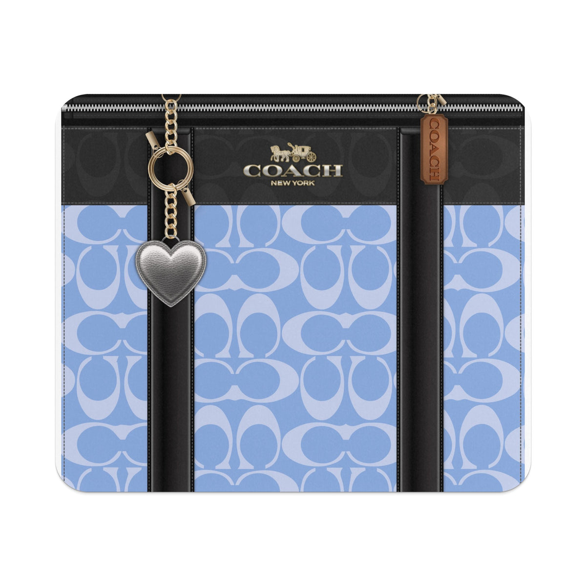 Coach wallet with light blue signature C print and silver heart charm.