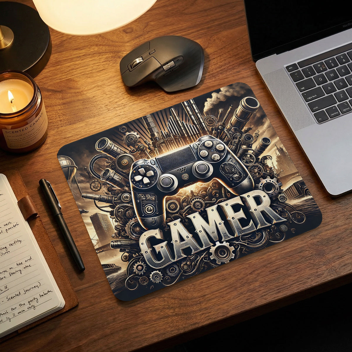 A steampunk-style mousepad featuring a game controller and the word GAMER rests on a wooden desk.