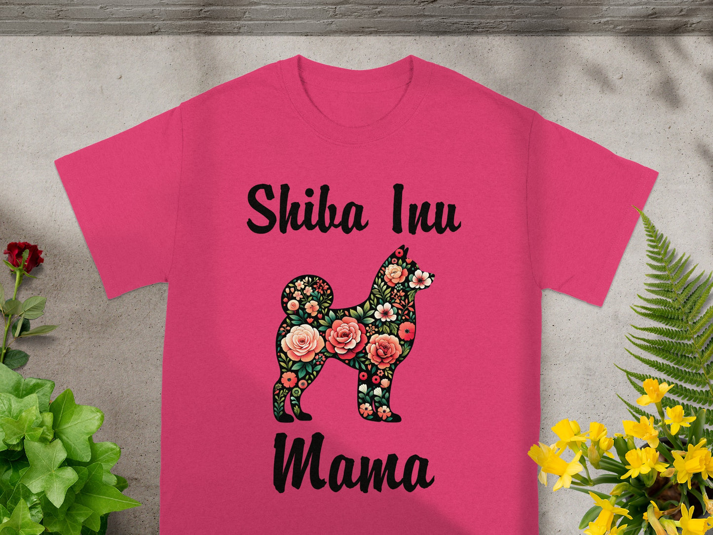 Pink t-shirt with "Shiba Inu Mama" and floral dog graphic.