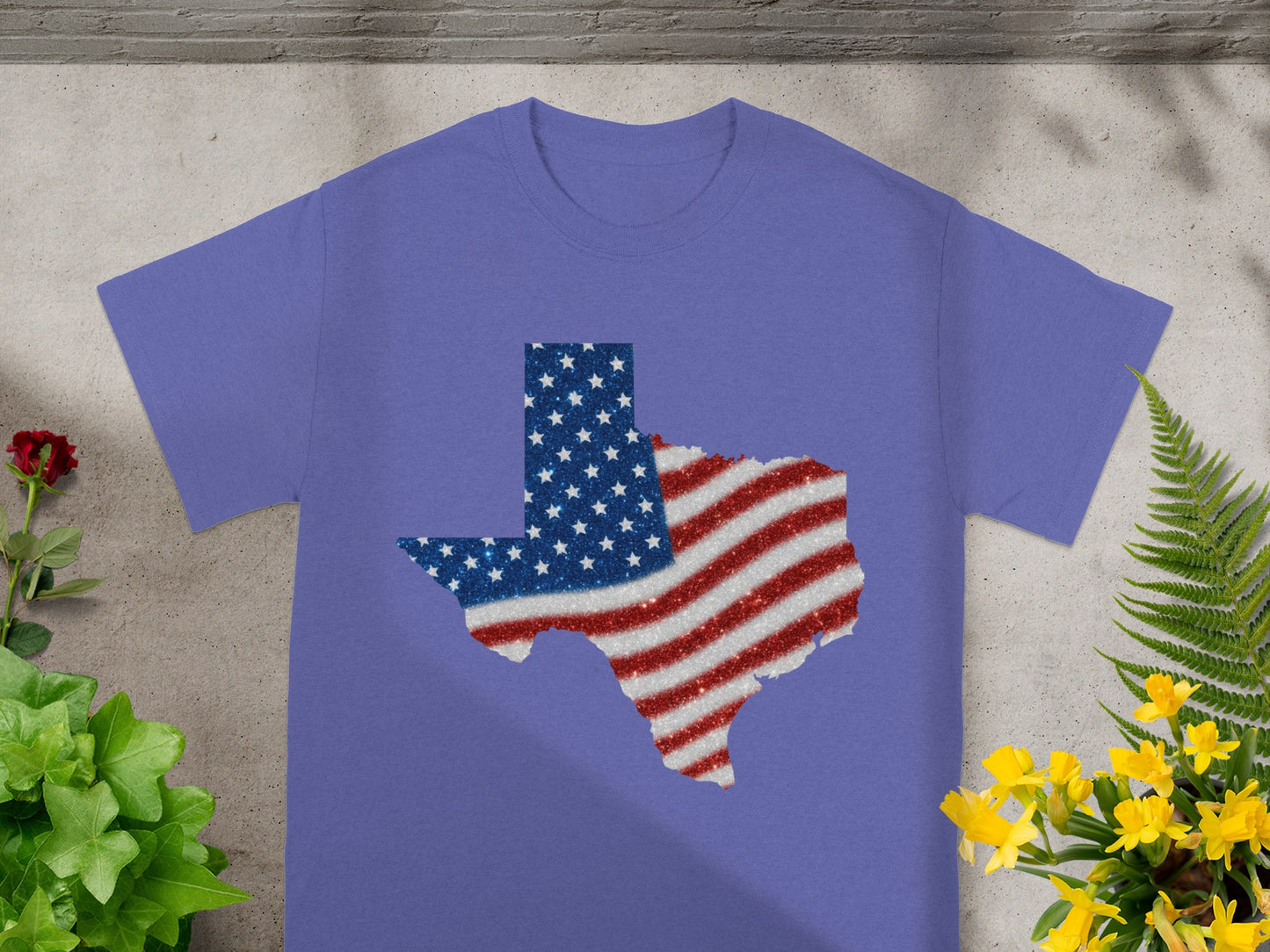 Purple t-shirt with a glitter Texas flag design.