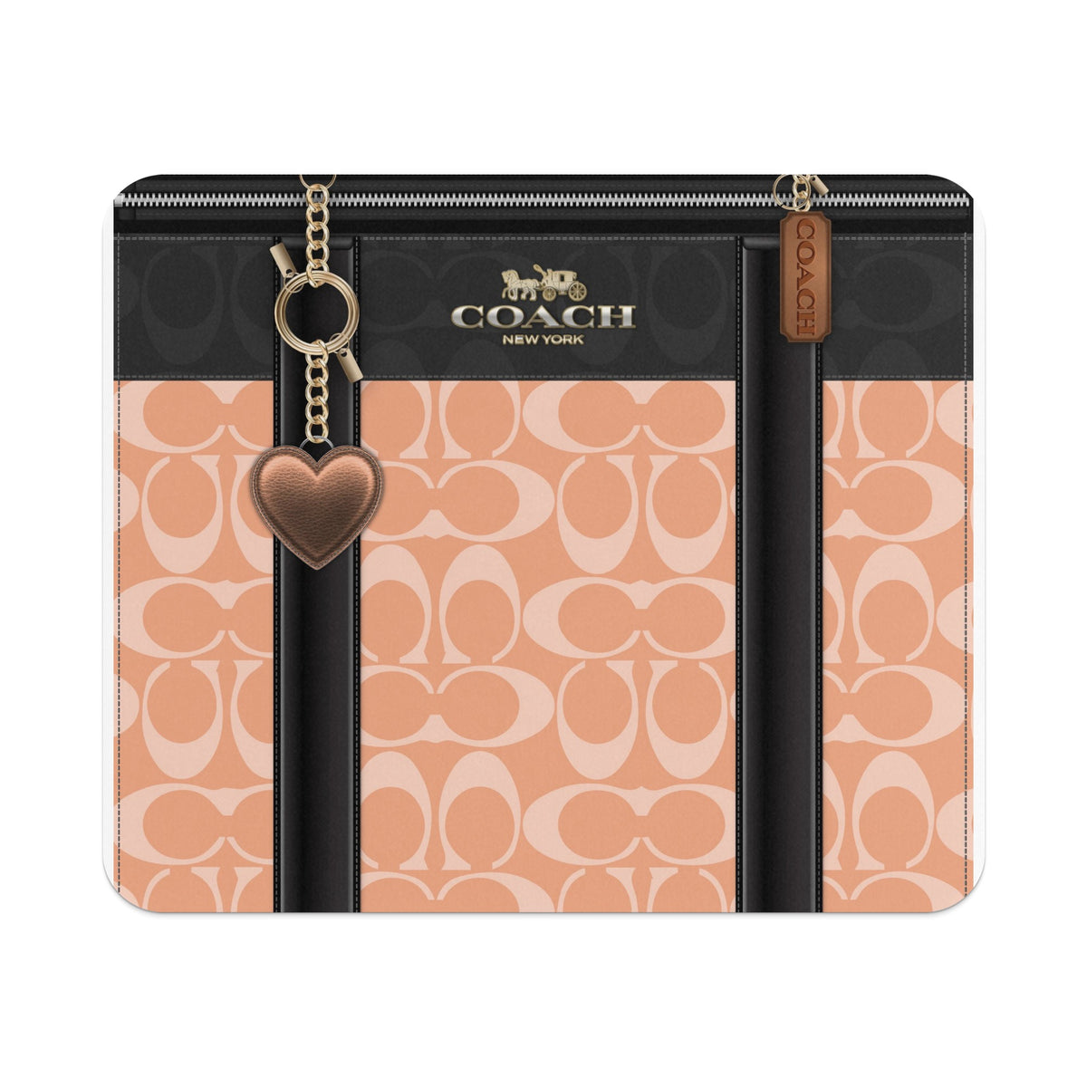 Coach canvas wallet with C logo pattern, heart charm, and zipper closure.
