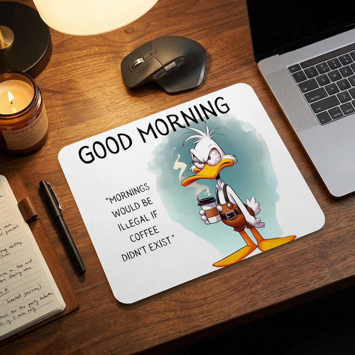 A white mousepad featuring an angry cartoon duck holding coffee, resting on a wooden desk.