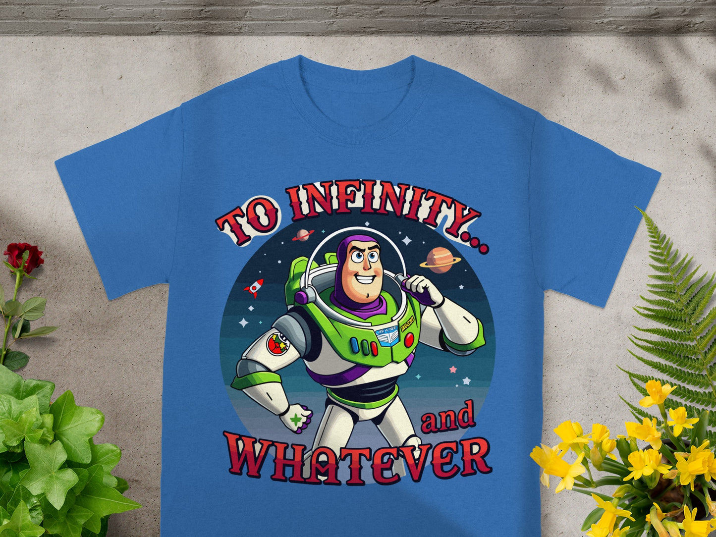 Buzz Lightyear T-shirt with "To Infinity and Whatever" text and space graphics.