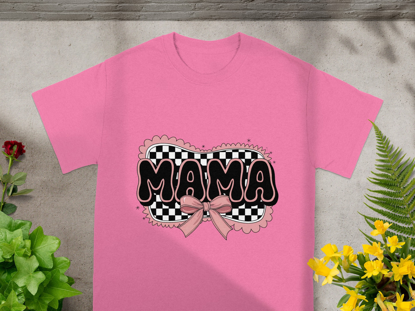 Pink MAMA Graphic Tee with Checkered Design Shirt