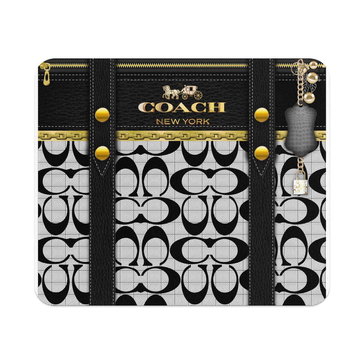Coach New York logo with C-pattern background, gold zipper, and charms.