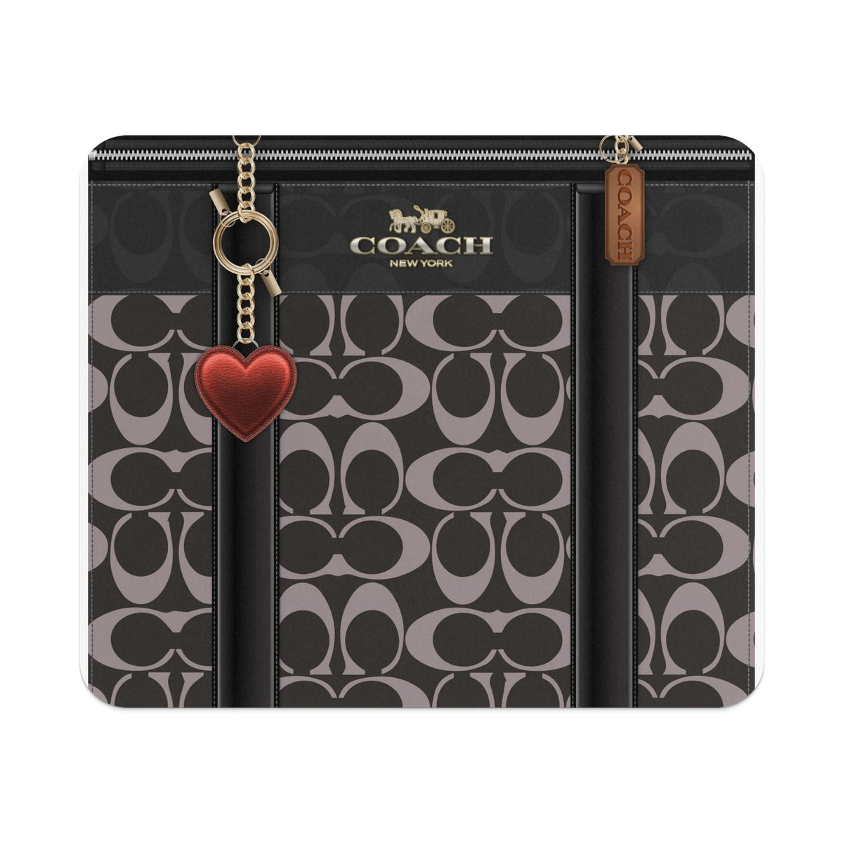 Coach signature pattern canvas wallet with red heart charm and gold hardware.
