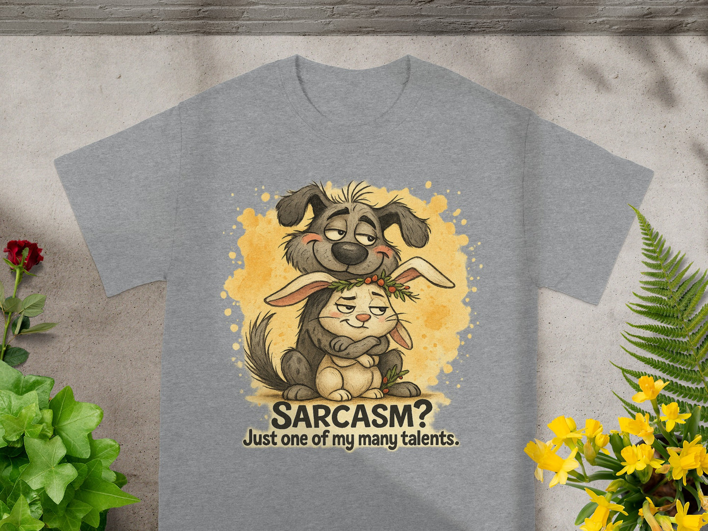 Dog hugging bunny with text "Sarcasm? Just one of my many talents."