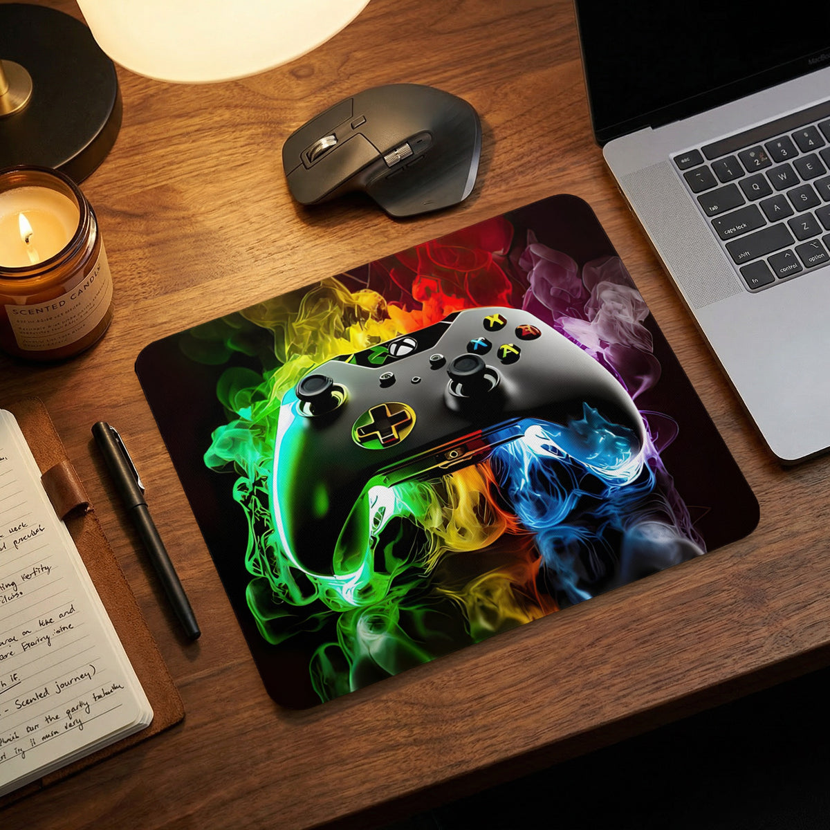 A black gaming mouse pad featuring a colorful smoke design and a video game controller.