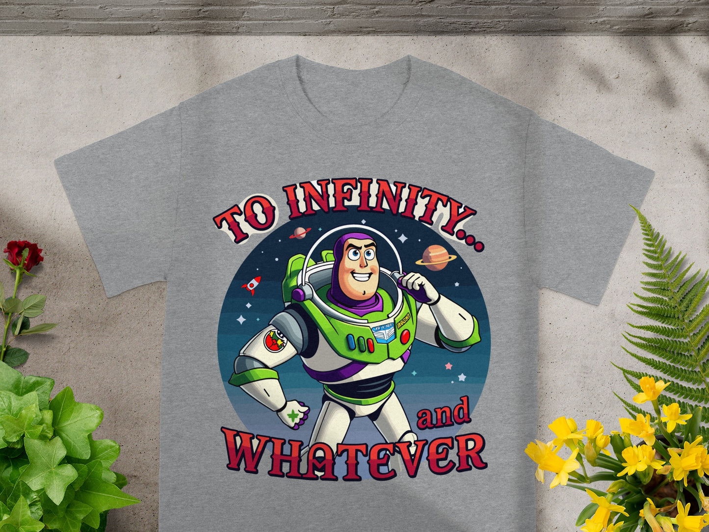 Buzz Lightyear t-shirt with text "To Infinity... and Whatever"