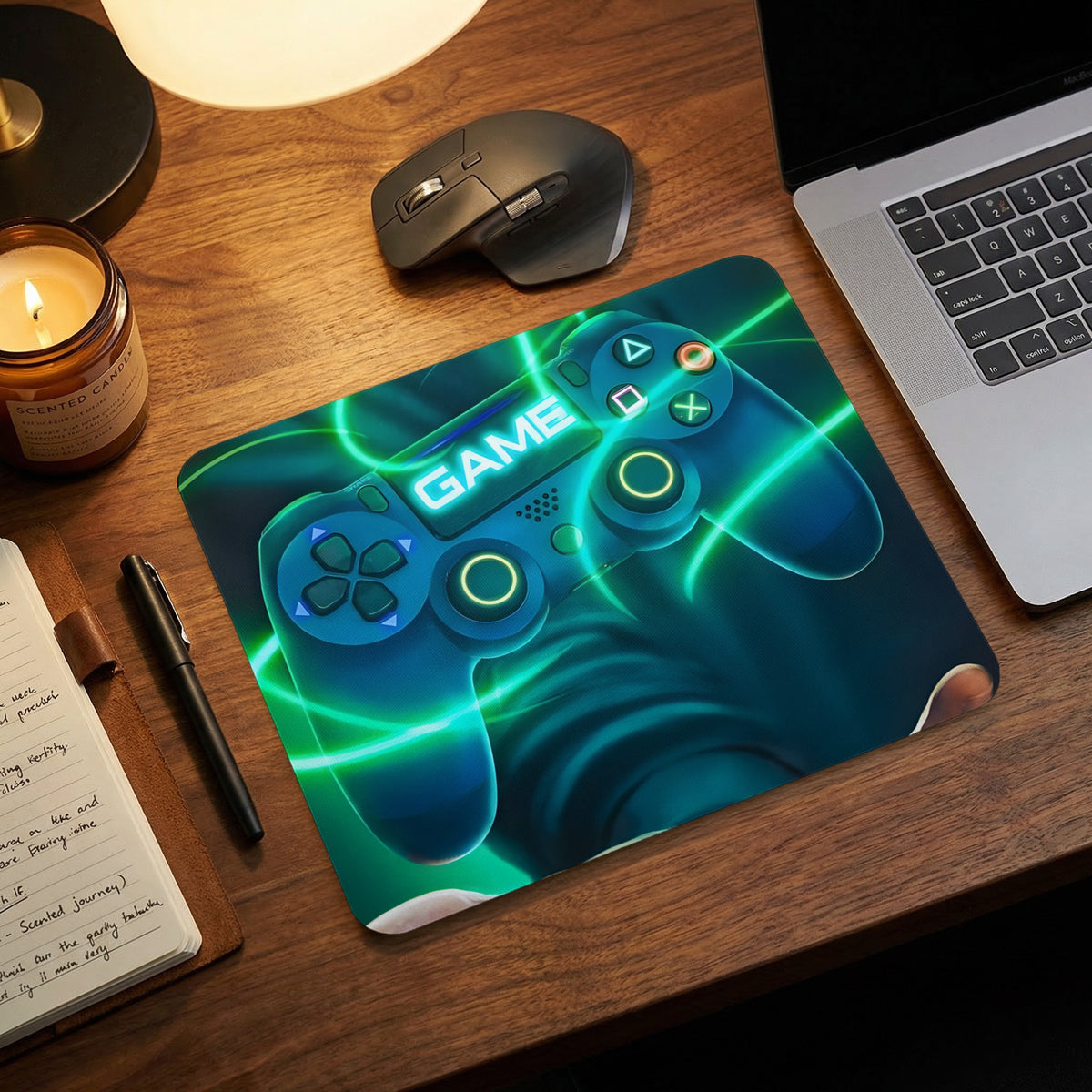Rectangular mouse pad featuring a glowing blue game controller on a wooden desk with a laptop and mouse.