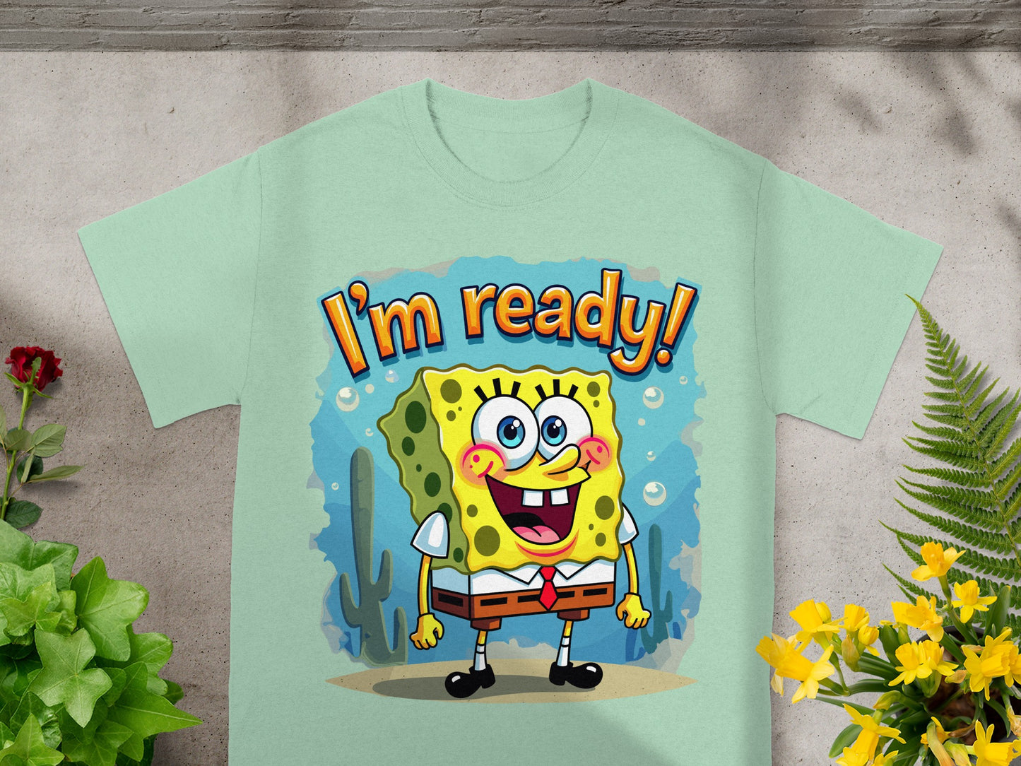 Light mint t-shirt with Spongebob Squarepants design saying "I'm ready!"