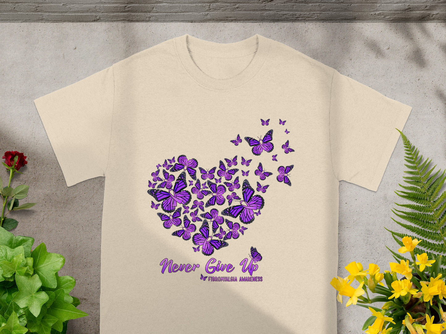 Never Give Up Butterfly Heart Fibromyalgia Awareness Shirt