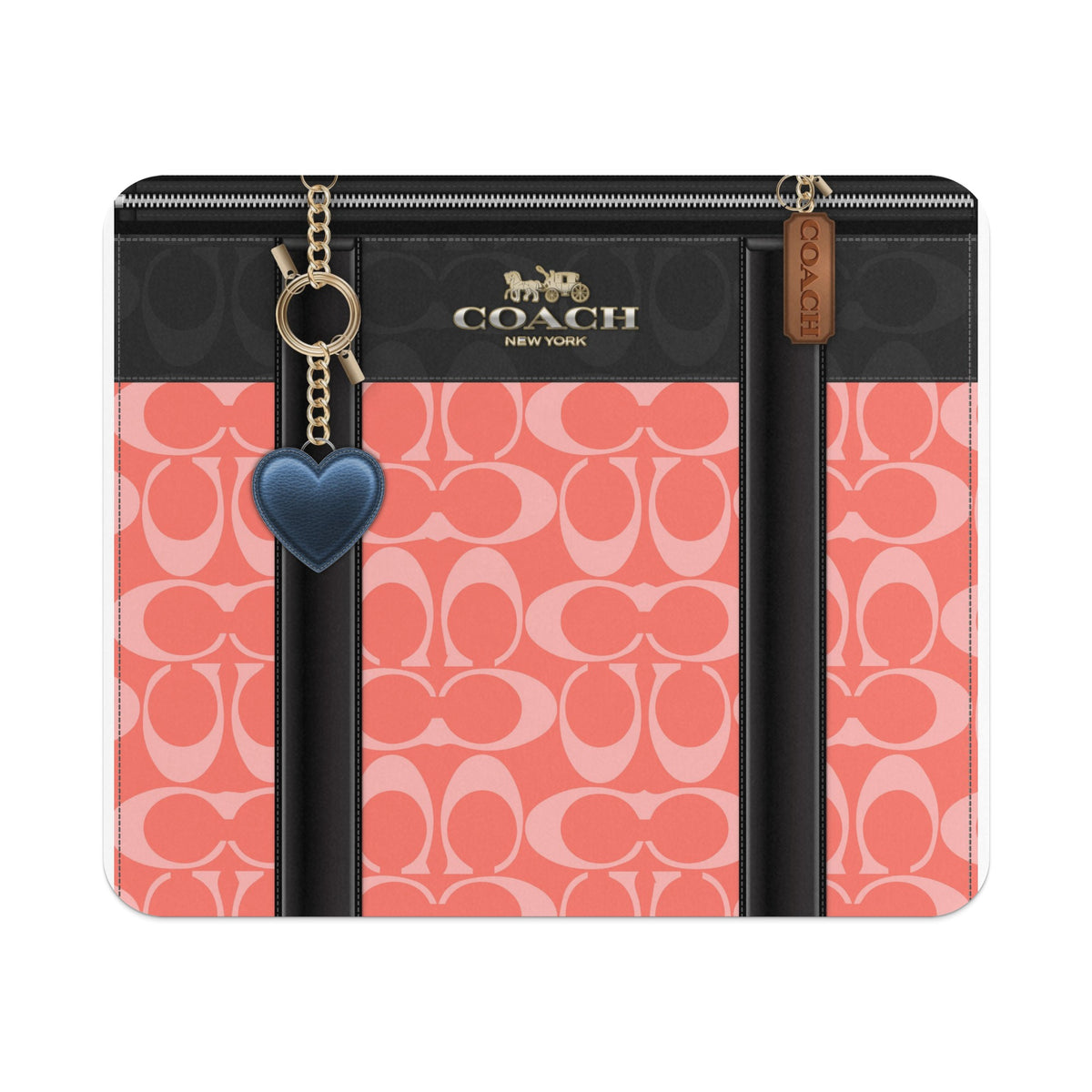 Coach wallet with pink monogram and blue heart charm.