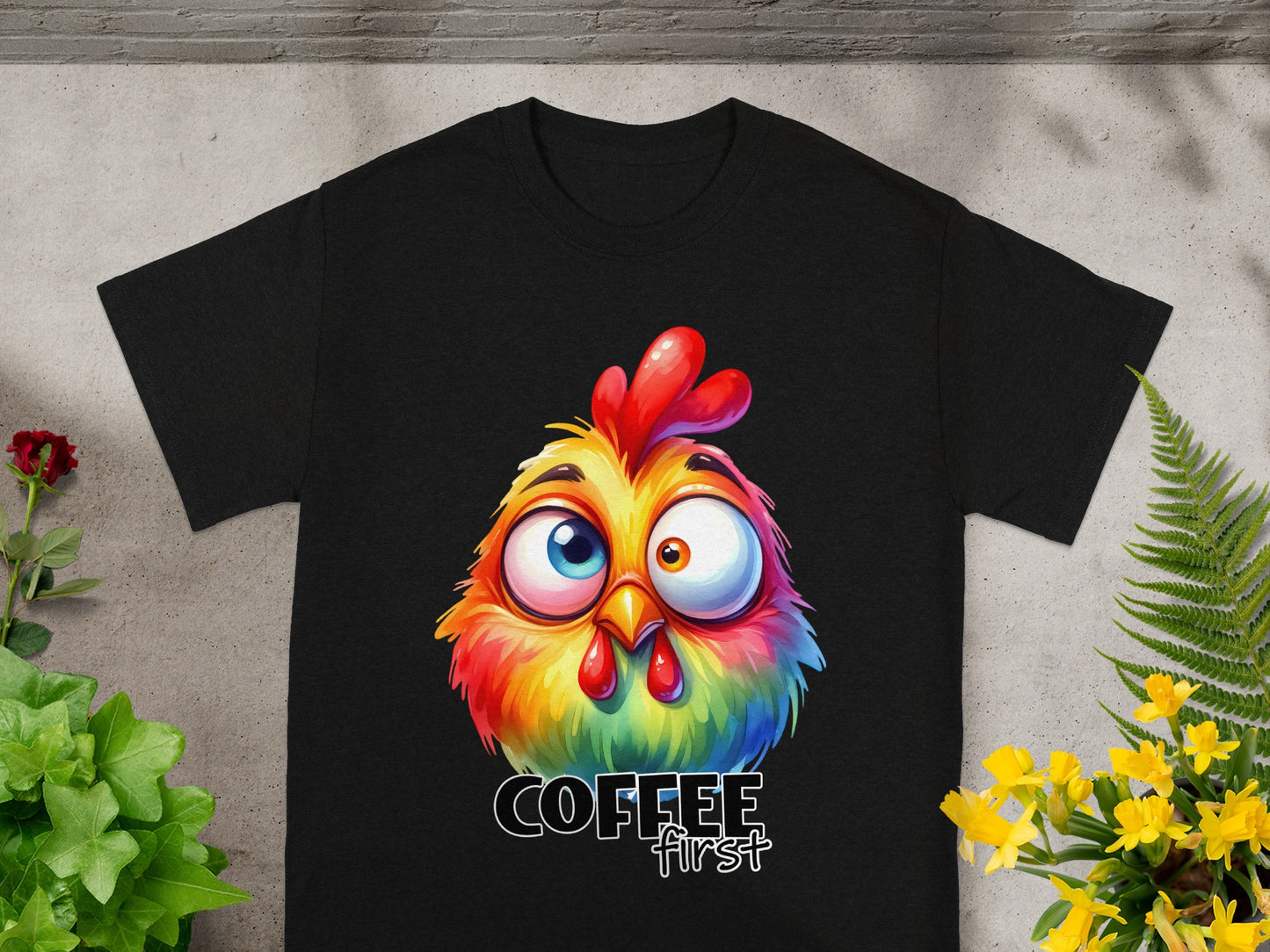 Colorful Coffee First Rooster Graphic T-Shirt