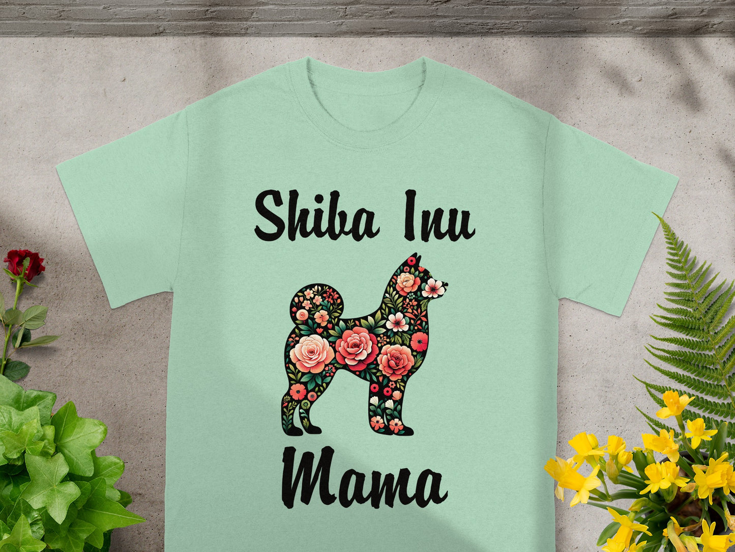 Light green t-shirt with floral Shiba Inu and "Shiba Inu Mama" text.