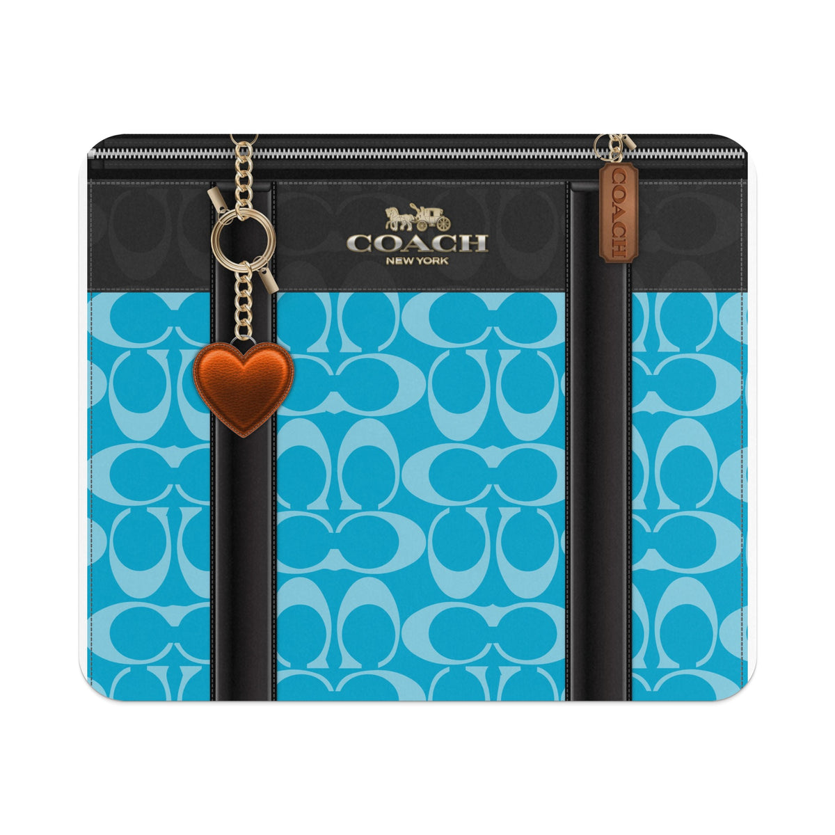Coach pattern wallet with heart charm and gold hardware.