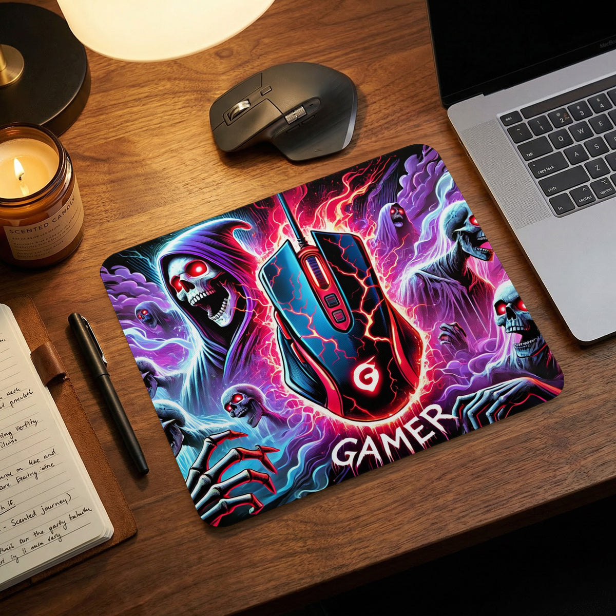 Black and red gaming mouse pad featuring skeletal figures, electric lightning, and the word gamer.