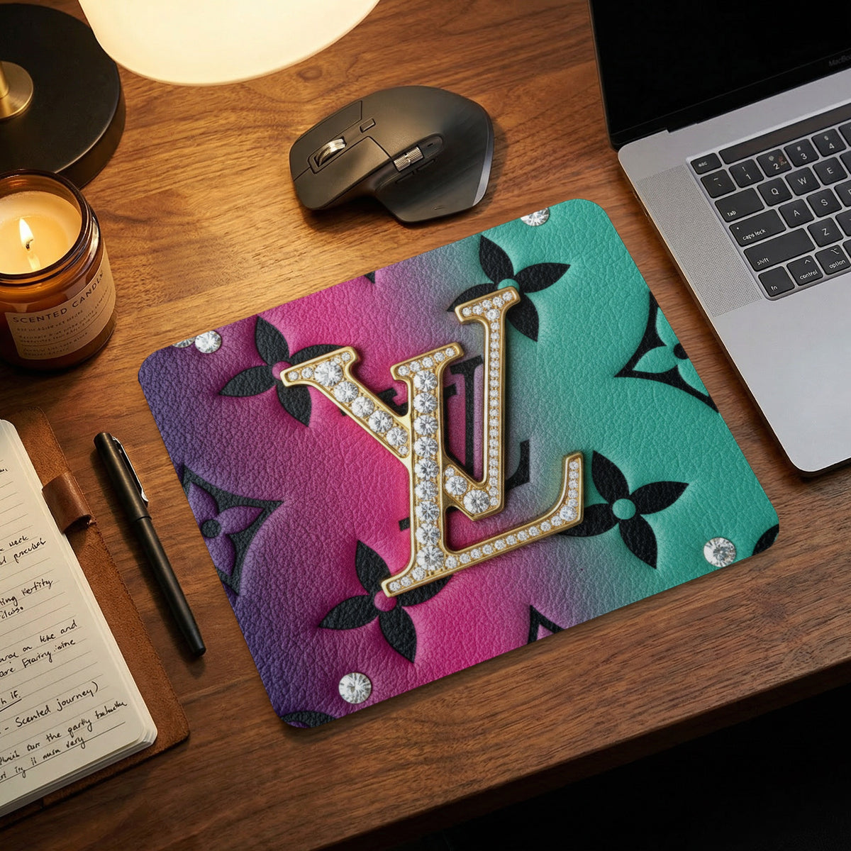 Mousepad with LV monogram, rhinestones, and gradient background.