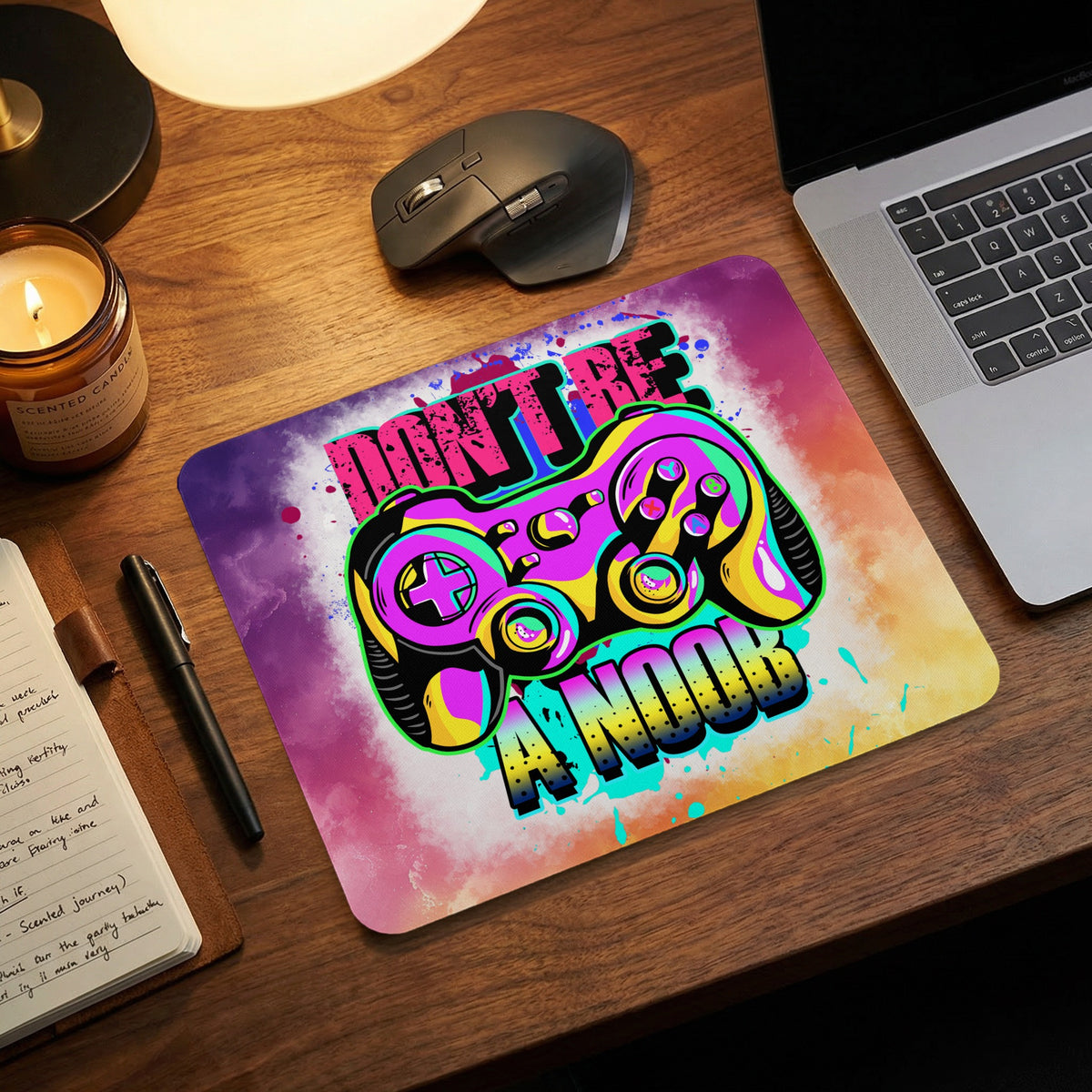 Rectangular mousepad with a colorful watercolor background featuring a video game controller and text saying Don't Be a Noob.