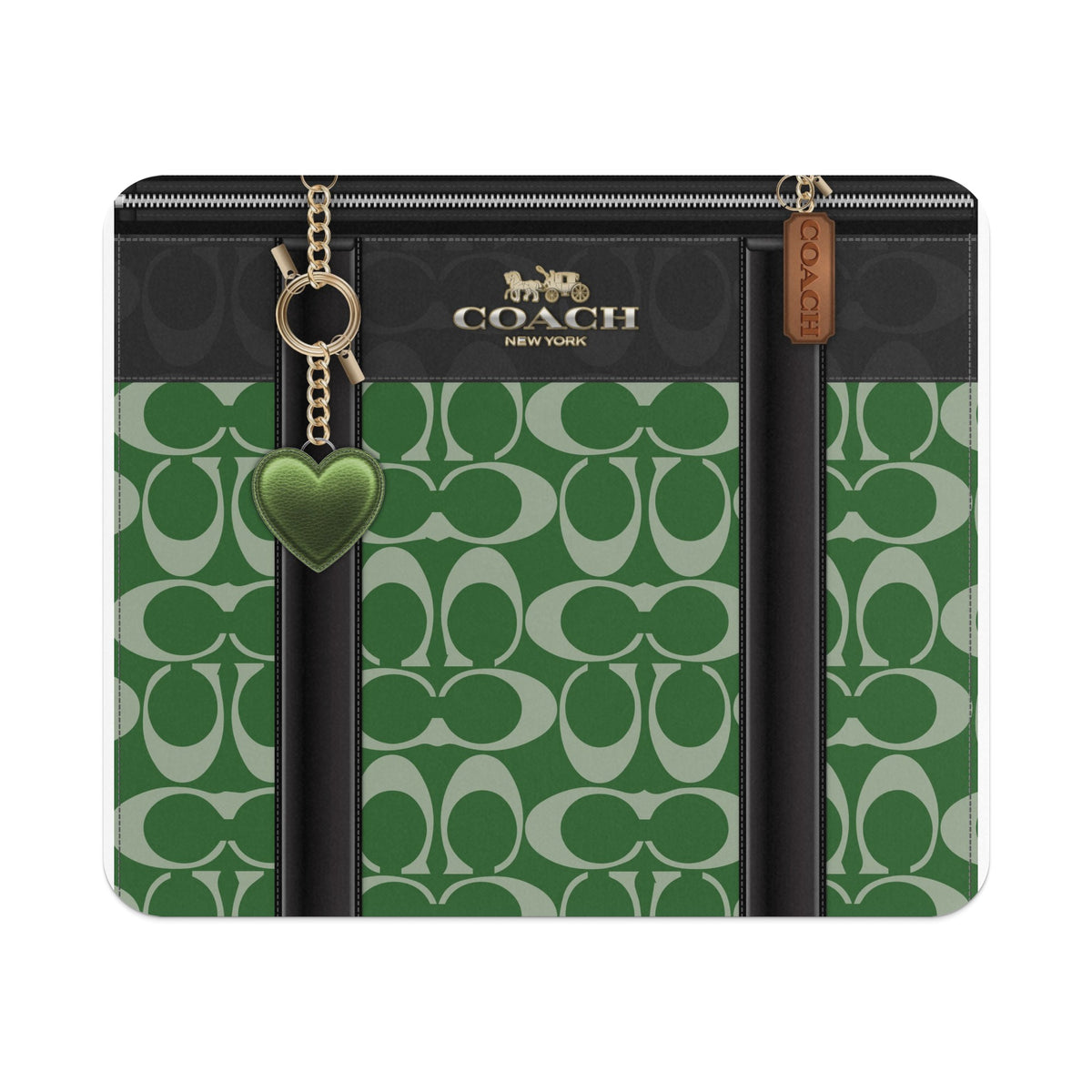 Coach pattern clutch with green heart charm and gold hardware.